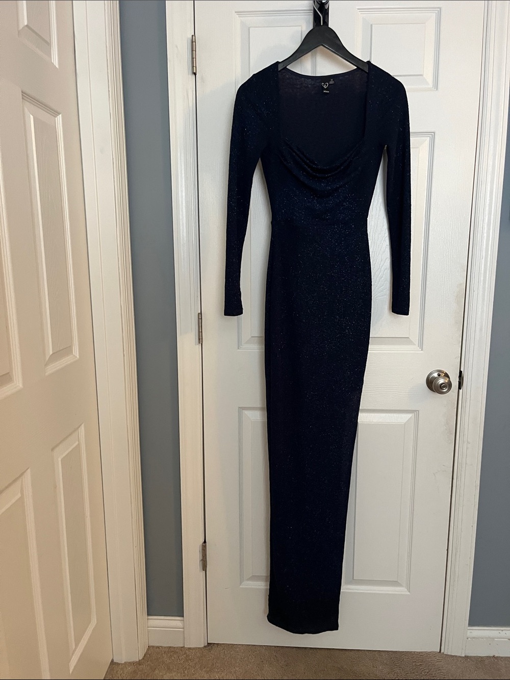 Windsor Navy Sparkle Cowl-Neck Long Sleeve Maxi Dress
